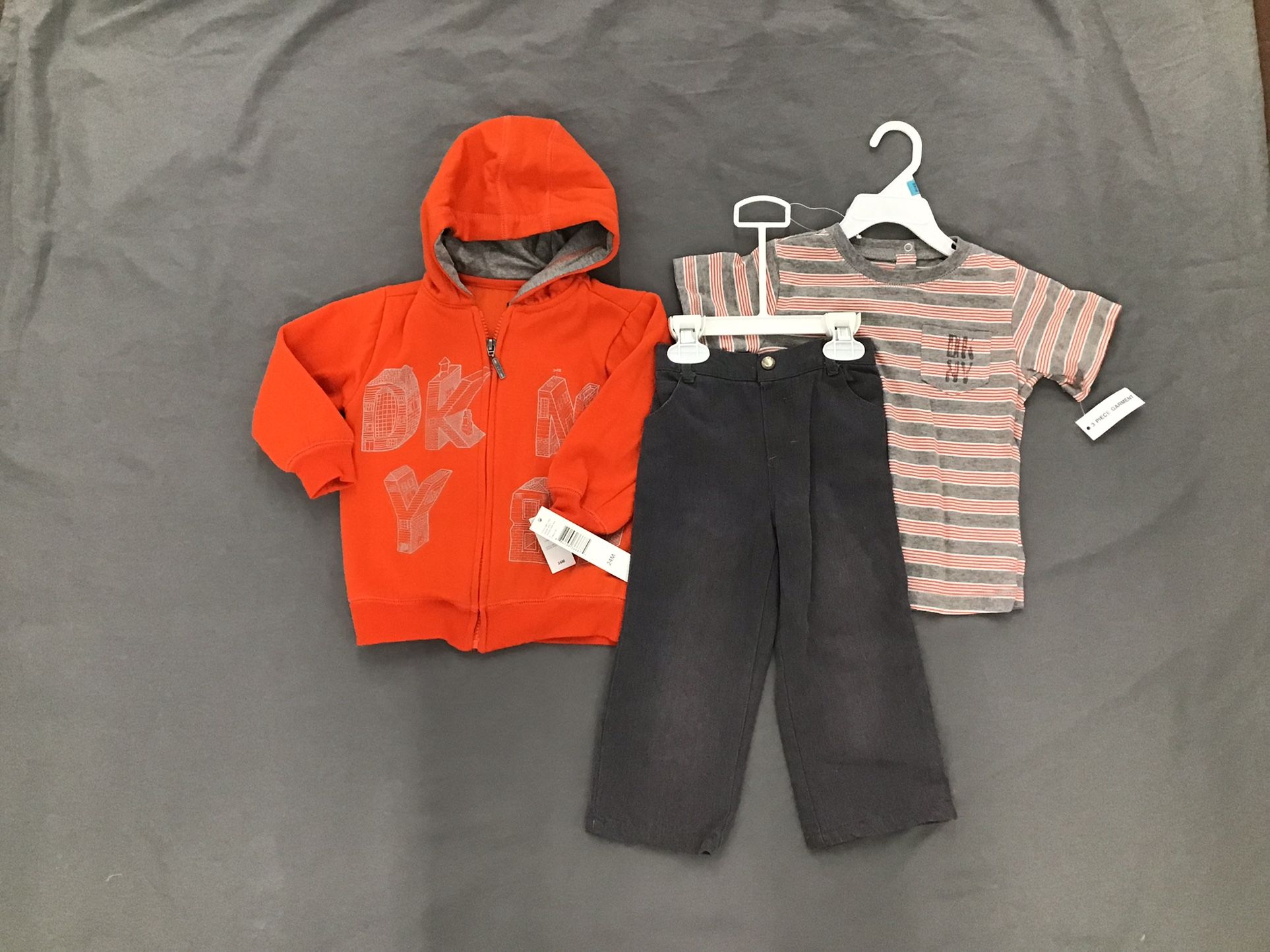 DKNY 3pc set orange jacket hoodie grey denim pants stripe top 24 months
