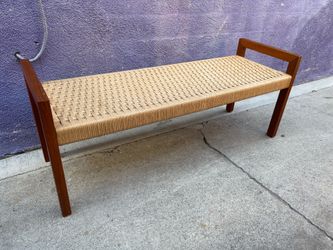 DANISH MODERN SOLID TEAK ROPE CORD BENCH SEAT CHAIR MID CENTURY