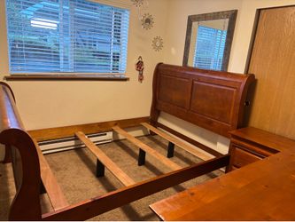 Queen bed frame, drawer  and one night stand