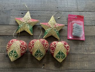 5 Large Ornaments 4” & Hooks(New)