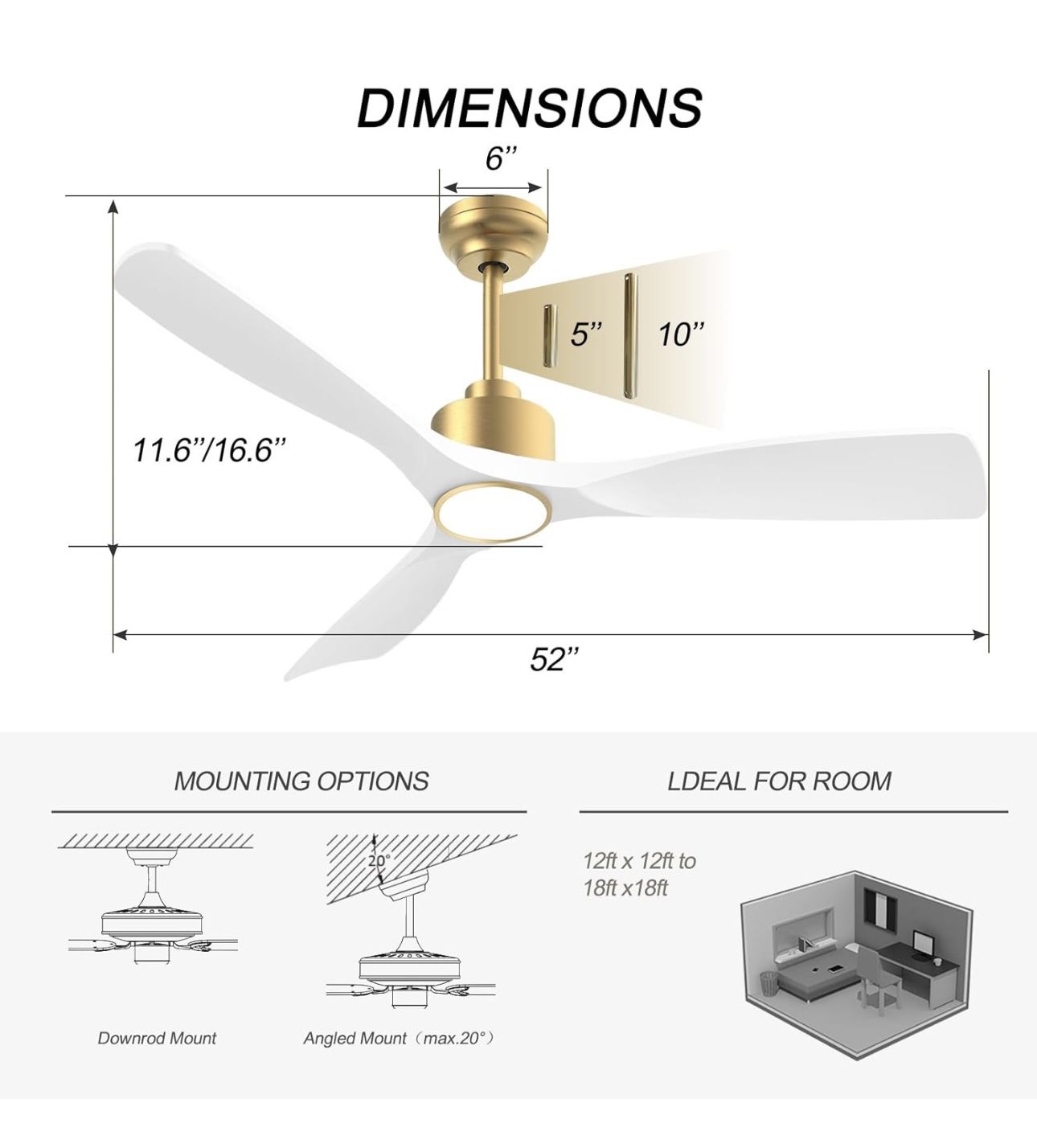 Was 170$ 52 Inch ETL Listed Indoor Outdoor Smart Ceiling Fans with Lights Remote Control, Quiet DC Motor 3 Blade Modern White Gold Ceiling Fan for Bed