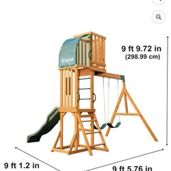 KidKraft Hawk Tower Wooden Swing Set with Slide and 2 Belt Swings, 9.9 feet Tall