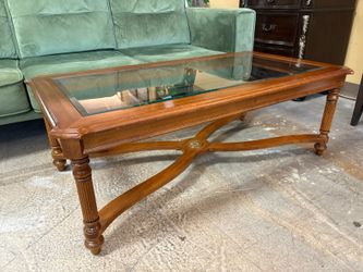 Traditional Fluted Leg Glass Top Coffee Table w/ Gold Floral Medallion Inlay
