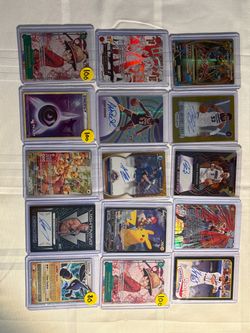 huge lot containing pokemon cards, sports cards, one piece and dragon ball. Lots of great hits. Will be willing to sell the whole lot for 85% comps bu