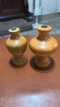 2 vintage hand turned candle or bud vase holders