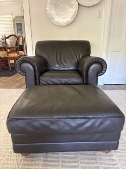 Natuzzi Brand Black Leather Armchair & Ottoman – For Sale