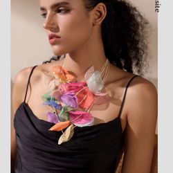 N293- Colorful Y2K Polyester Cloth Petal Flower Layered Necklace!