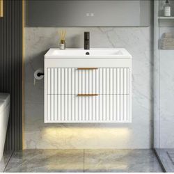24 Inch Floating Bathroom Vanity with Sink & Towel Holder, Fluted Wall Mounted Vanity Cabinet for Small Bathroom, Modern Combo with LED Light, Metal H