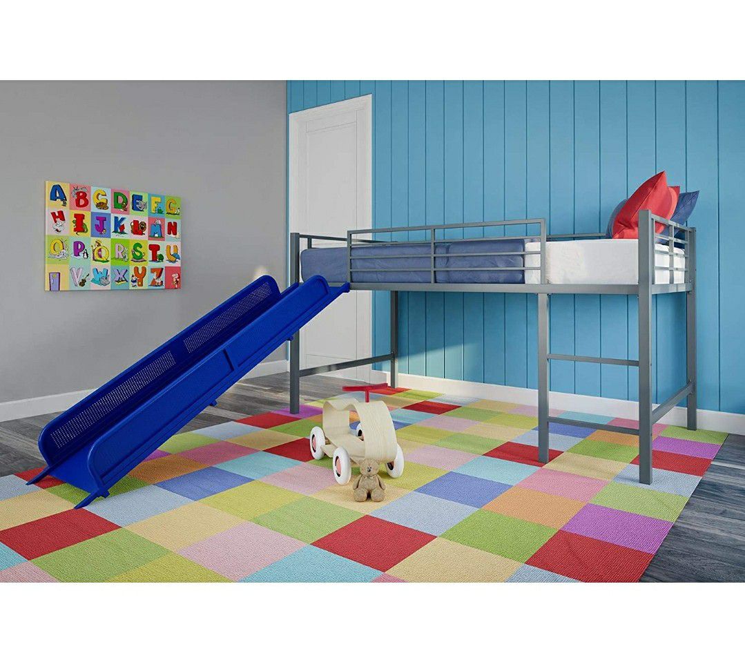 Blue Twin Metal Loft Bed with Slide for Kids