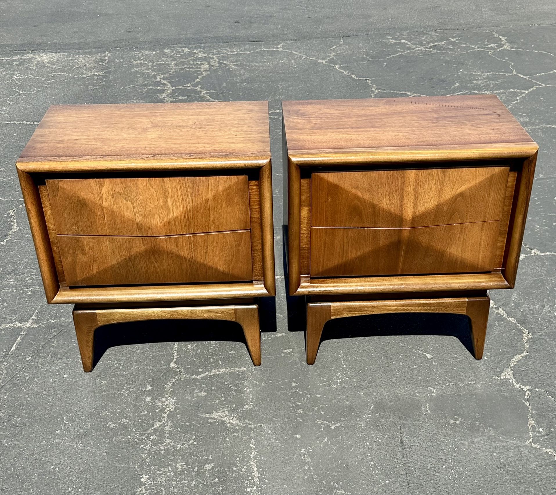 Mid Century United Furniture  Diamond Front Walnut Nightstands Pair  