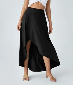 Two Halara Breezeful High Waisted High Low Ruffle 2-in-1 Flowy Quick Dry Skirt Black and Grey