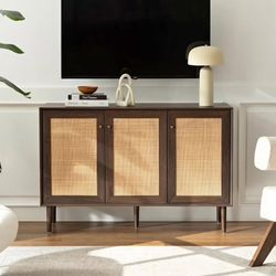 Buffet Sideboard Farmhouse 3-Door Rattan Storage Cabinet, Solid Wood Walnut