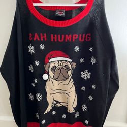 Ugly Christmas Sweater Pug Life Cute Dog Bah Humpug Women Size Large Black