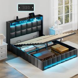 Rolanstar Bed Frame Full Size with Lift Up Storage, Charging Station & LED Lights, Upholstered Storage Headboard, Heavy Duty Wooden Slats, No Box Spri