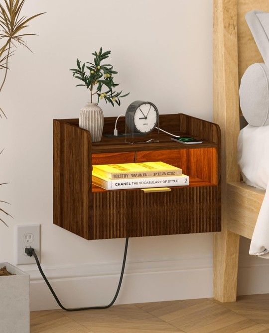Floating Nightstand with Charging Station and LED Lights (Walnut Brown)