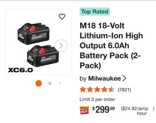 M18 18-Volt Lithium-lon High Output 6.0Ah Battery Pack (2- Pack)