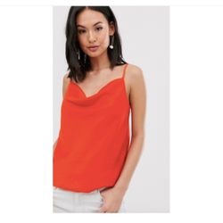 Orange silk cowl neck top with adjustable straps 