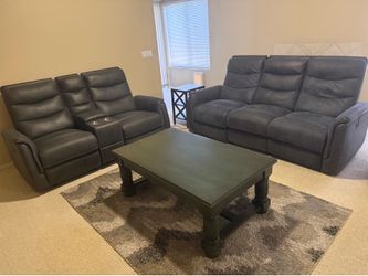 Living Spaces Malia Power Reclining Sofa + Loveseat + Tables