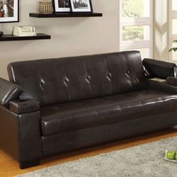 Brand New Espresso Leather Futon Sofa Sleeper w Cup Holders