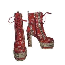 Womens Platform High Heels Square Toe Pearl Lace Strap Rivet Decor Boots 38(7.5)