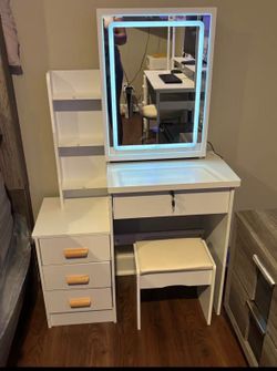 White Vanity Table Set with Storage & Stool - Missing Mirror/Hardware (As-Is / Project Piece)