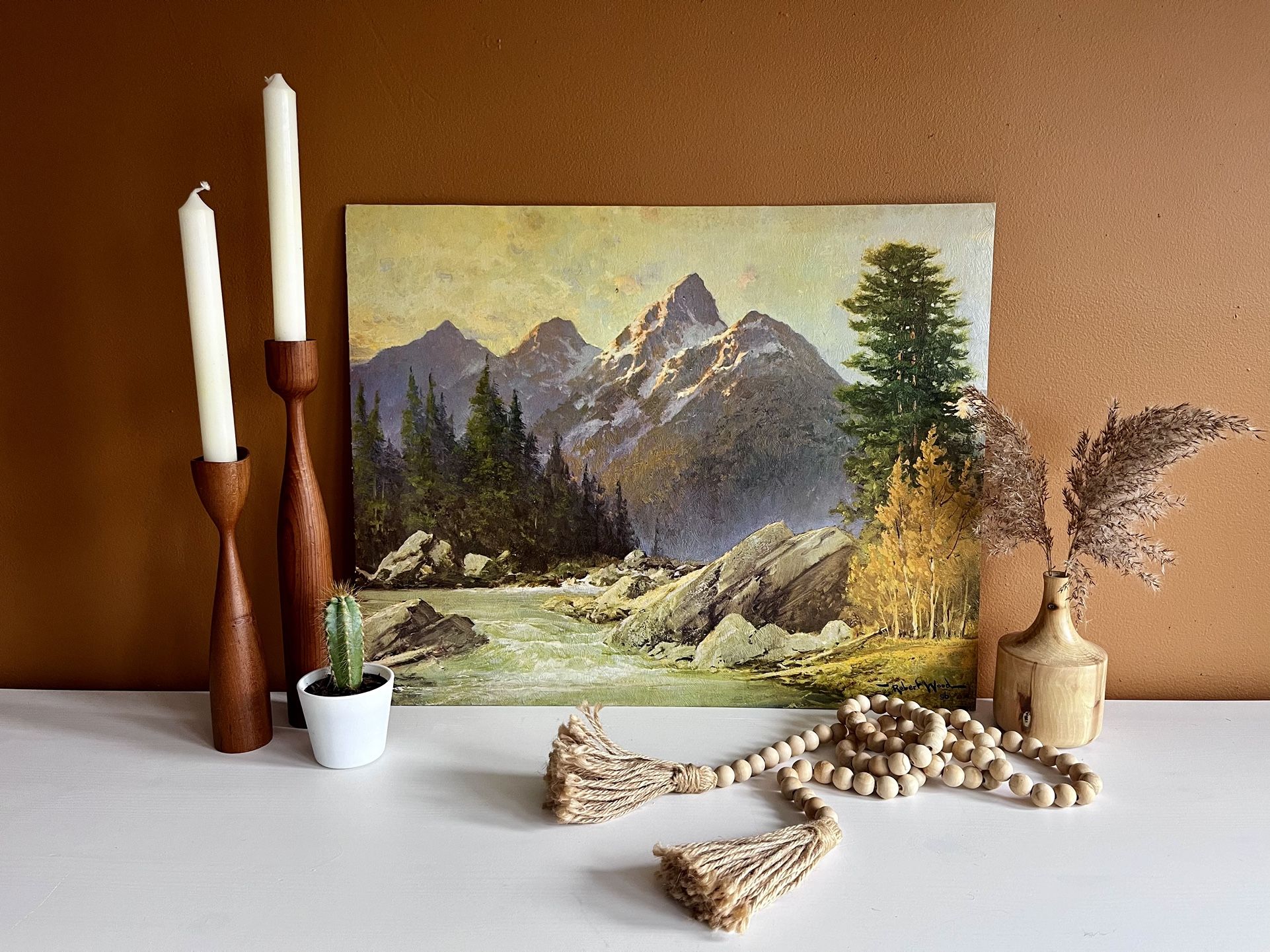 Vintage Grand Teton Print Artist Robert Wood Mountians Forest Print Painting Artwork