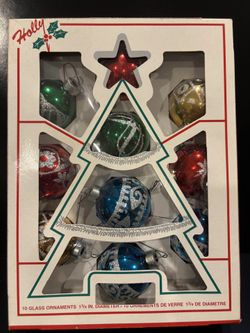 Vintage Holly Glass Christmas Tree Ornaments Set of 10 
