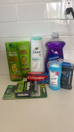 Bundle: shampoo, conditioner, men and women deodorant, men razors, toothpaste, body wash, liquid dish soap