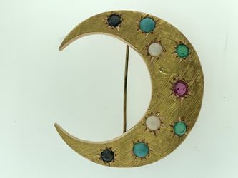 Vintage 14k Yellow Gold Crescent Moon Brooch~Sapphires~Emeralds~Ruby~Opal~Estate