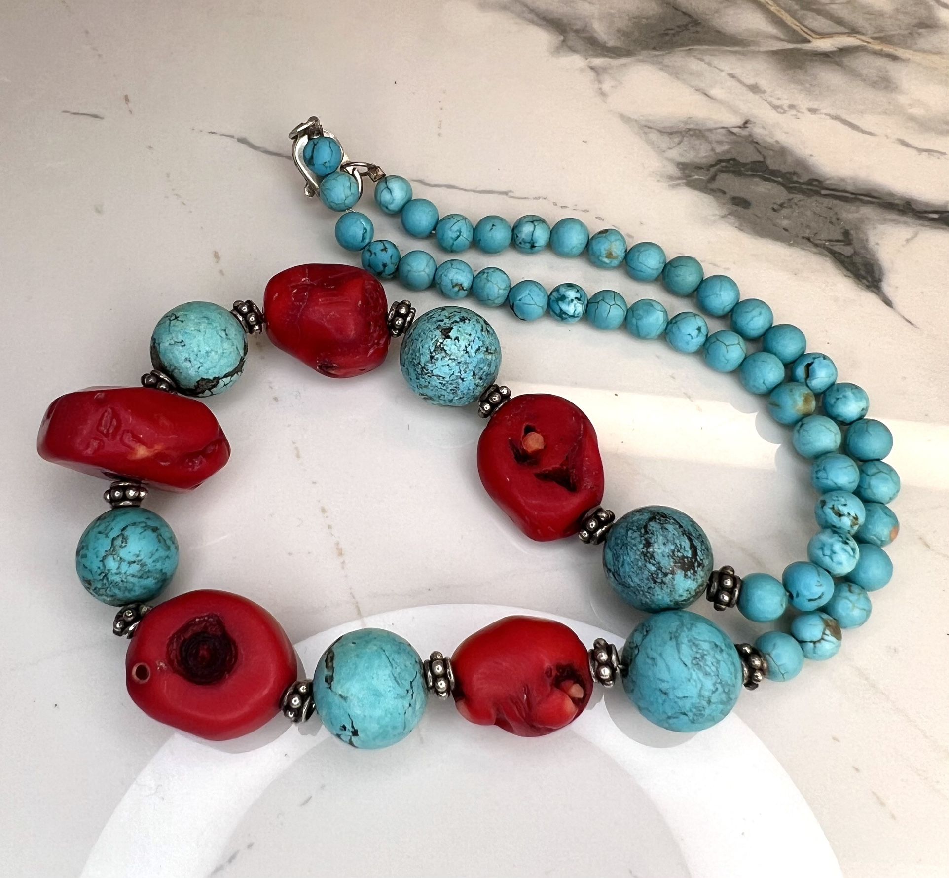 Mother's Day Gift Bohemian Vintage Red Coral & Turquoise Beaded Necklace - Statement Jewelry