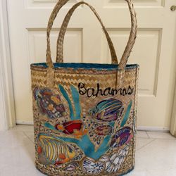 Bahamas Woven Straw Beach Tote/Basket with Handles
