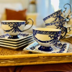 Bombay Company Blue & White Tea Cups + Square Saucers Set (5) | Gold Rim