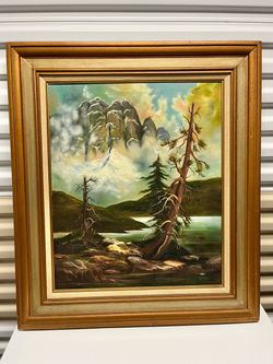 Vintage Original Oil Painting On Canvas by artist "GLYNN" Landscape Mountains Lake Trees