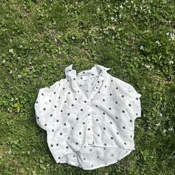 White Black Polka Dot Collared Button-Up Blouse Short Sleeve Women