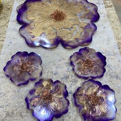 Handmade resin art tray & coaster set - gorgeous purple/gold flowers