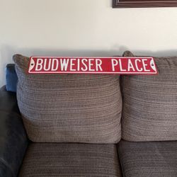 Vintage, solid metal Budweiser place sign