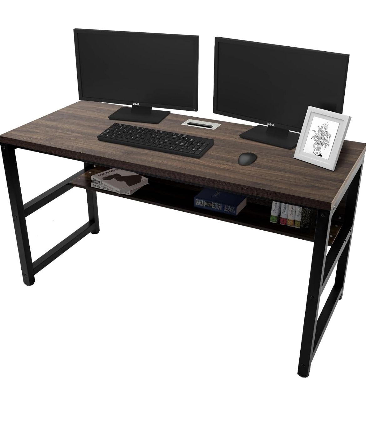 29-59 TOPSKY Computer Desk with Bookshelf/Metal Hole Cable Cover 1.18" Thick Desk (Light Walnut, 55")