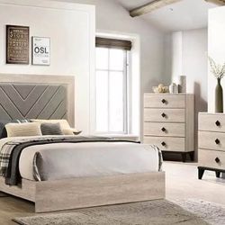 New 5 Piece Beige Bedroom Set With Grey Padded Headboard.  Free Delivery!