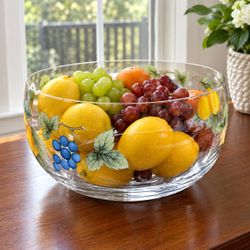 Glass Fruit Bowl with Painted Grape Design