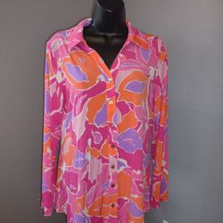 Susan Graver Women's Long Sleeve Bright Colored  Button Down Blouse Size Small
