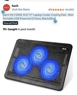 havit HV-F2056 15.6"-17" Laptop Cooler Cooling Pad - Slim Portable USB Powered (3 Fans), Black/Blue
