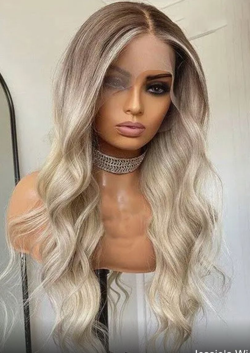 Jessie's Wig Ombre Ash Blonde Wavy Human Hair Wig Highlight 613 Body Wave Lace Front Wigs With Dark Roots