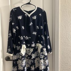 Korean Navy Blue & White Floral Dress