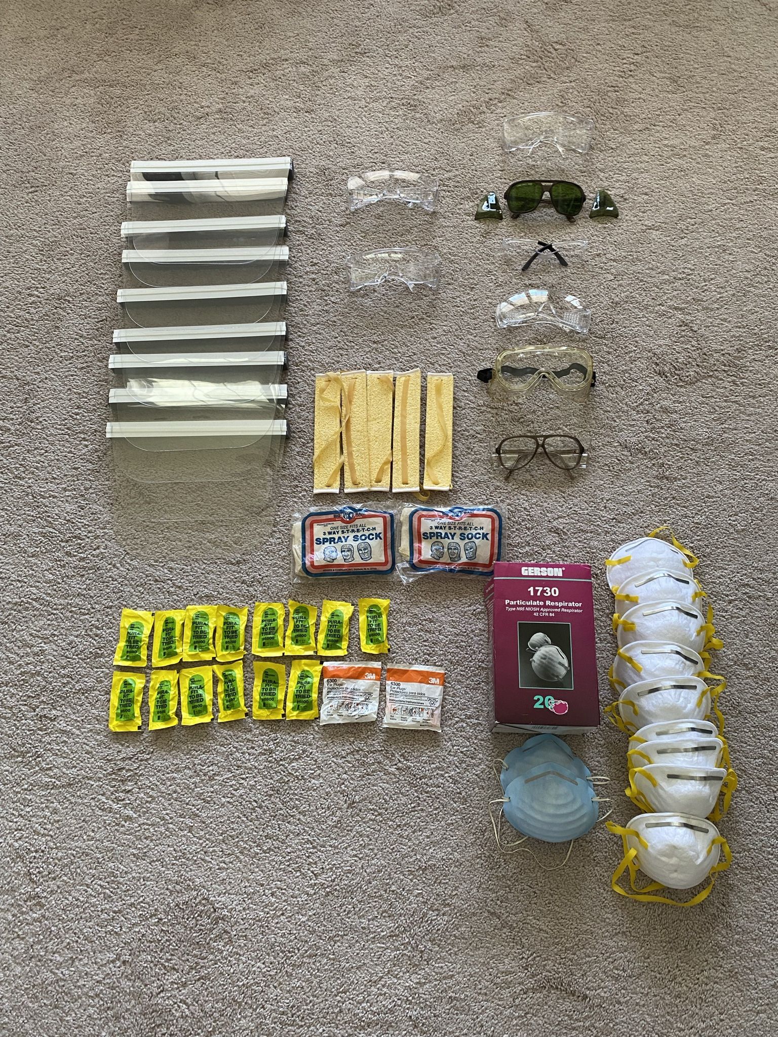 Safety Supplies, Lot of 51 Items, All New. 1 safety goggles, Stihl. 1 dark safety glasses with side shields, Innovator. 1 safety glasses with side s