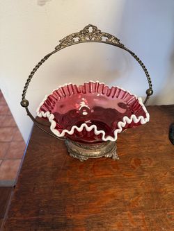 Cranberry Art Glass Ruffled Basket with Ornate Metal Stand
