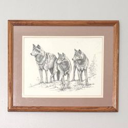 Antique Drawing Art 3 Wolves Framed And Signed