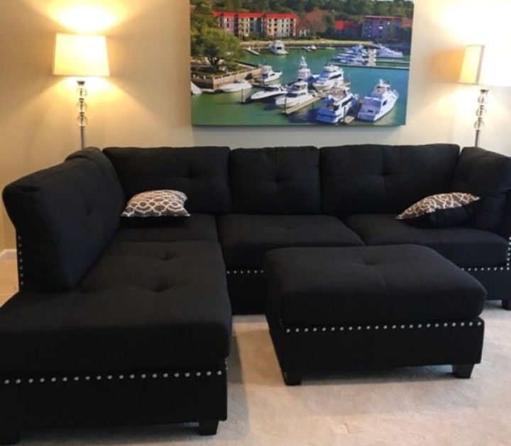 Brand New Black Fabric Sectional Sofa +Ottoman (New In Box) 