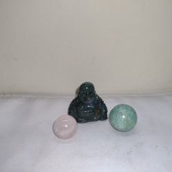 Moss Agate Laughing Buddha And Two Spheres