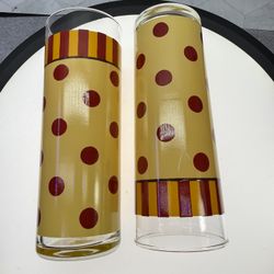 Set of (4) Vintage Southern Living Gail Pittman Siena Tom Collins 12 oz glass tumblers with a yellow and red polka dot and stripe design. Two sets ava