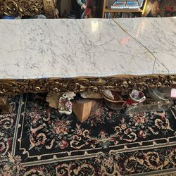 Ornate Marble-Top Coffee Table – Carved Base – Repaired Marble